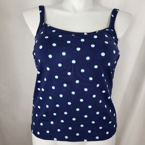 Lands End Swim TANKINI TOP Womens Size 14 Navy Blue White Dots Padded Adj Straps